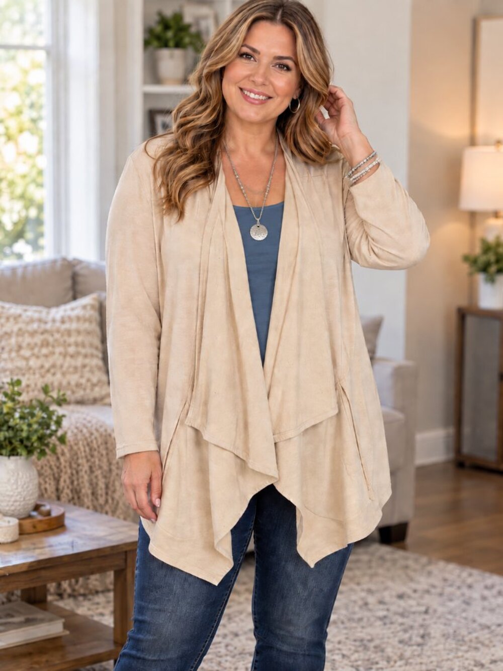 LOGO by Lori Goldstein Lounge Jacket Open Flowy Front Cream L